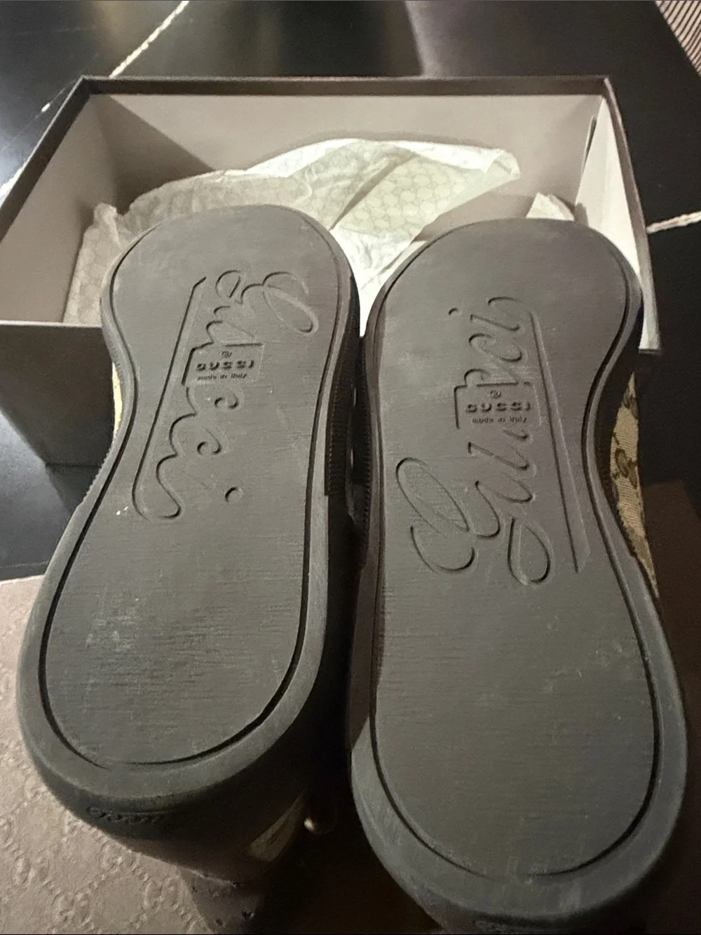Gucci Brown and Black Monogram Slip-On Shoes
